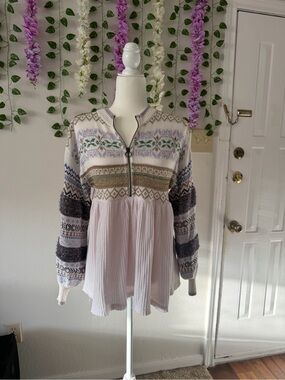 Free People Lavender & Ivory Fair Isle Peplum Half-Zip Pullover
